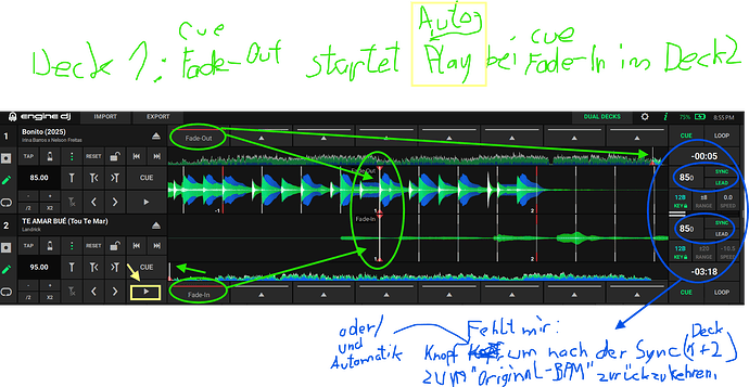 Engine-DJ (Anmerkung zu CUE und Sync Funktionen)